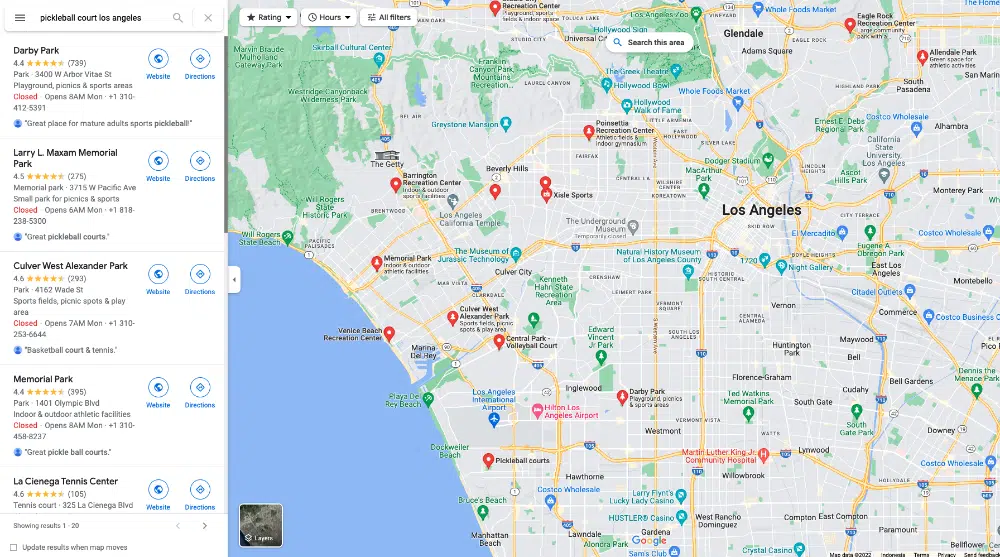 Google Maps search for pickleball courts in Los Angeles.
