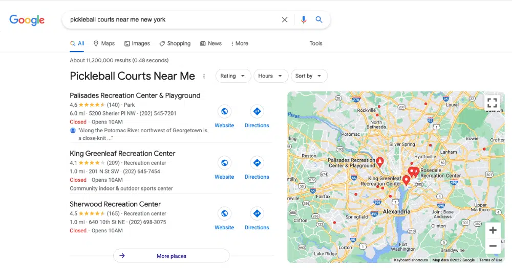 A Google search for pickleball courts in new york